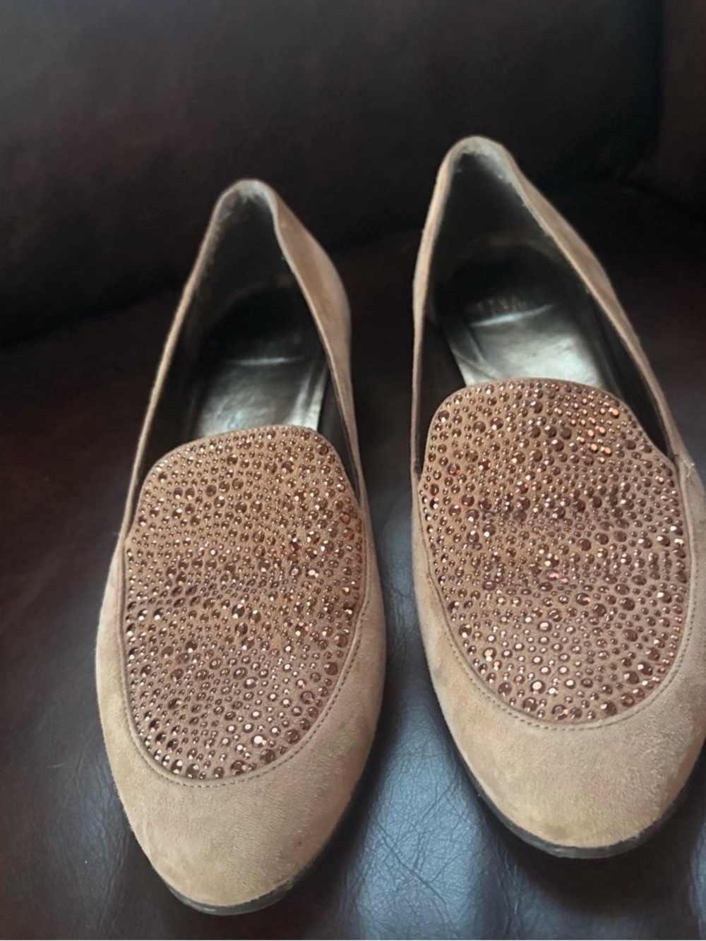 Stuart Weitzman suede neutral loafers w rhinestones embellishment